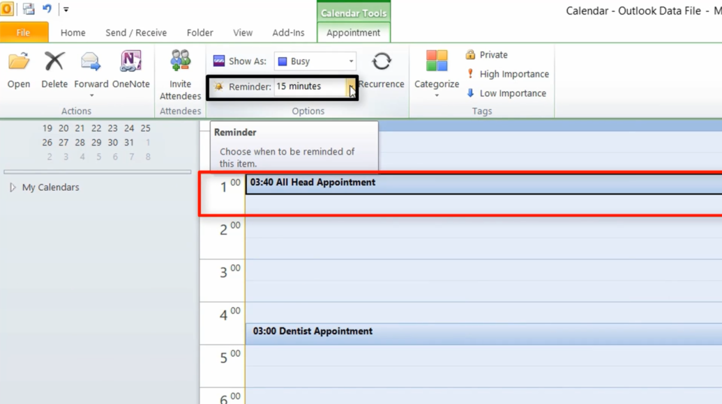 Displaying calendar reminders in Outlook Accelari